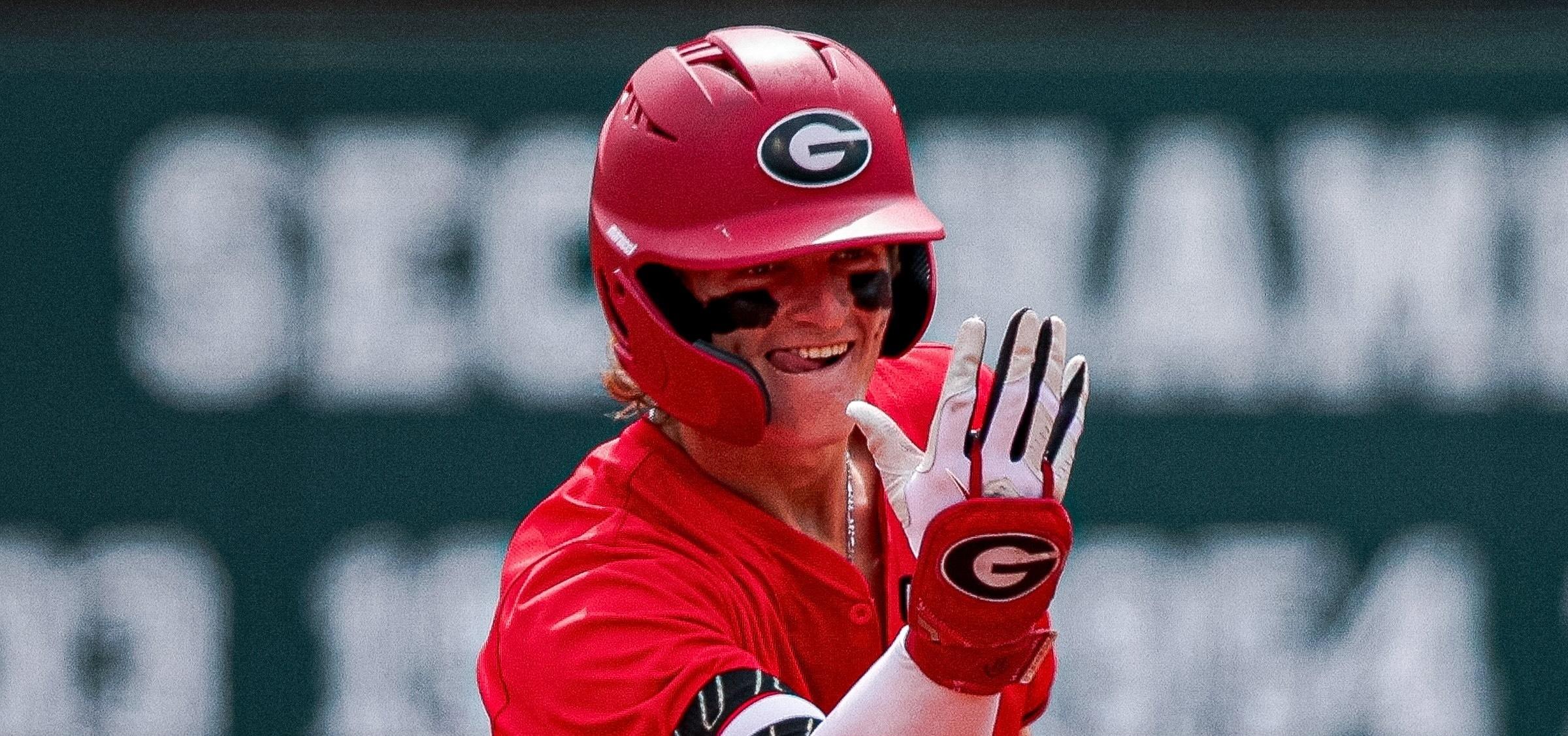 Henry Hunter celebrates after hitting a walk-off home run against No. 1 Arkansas